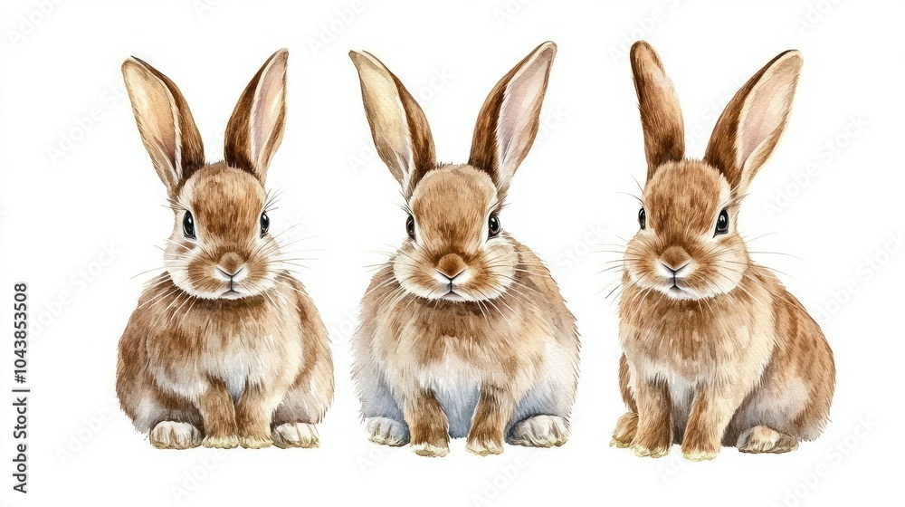 Obraz premium Collection of three watercolour paintings of brown cute rabbits isolated on white background, animal clipart bundle.