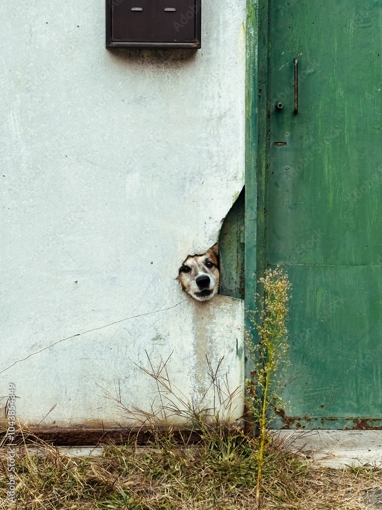 Curious dog peeking through a hole in a wall next to a green door, creating a playful and mysterious moment. Vertical photo