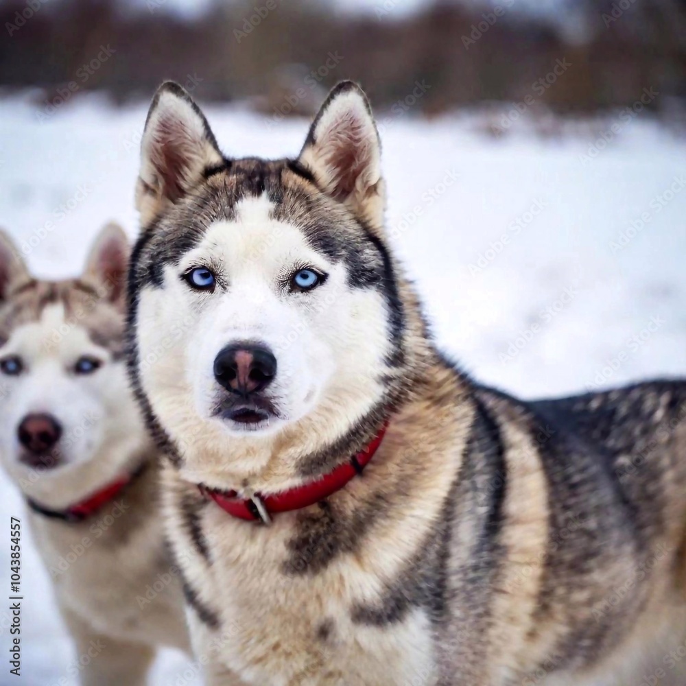 husky dog portrait in winter forest. husky dog. husky dog portrait in winter forest. husky dog.