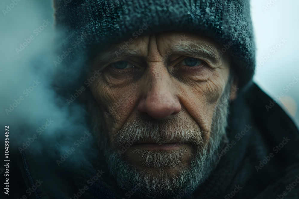 elderly homeless man in cold winter clothing, frost and snow elderly homeless man in cold winter clothing, frost and snow