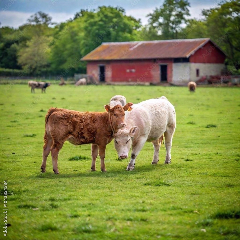 Fototapeta premium cow and calf in the field, scotland