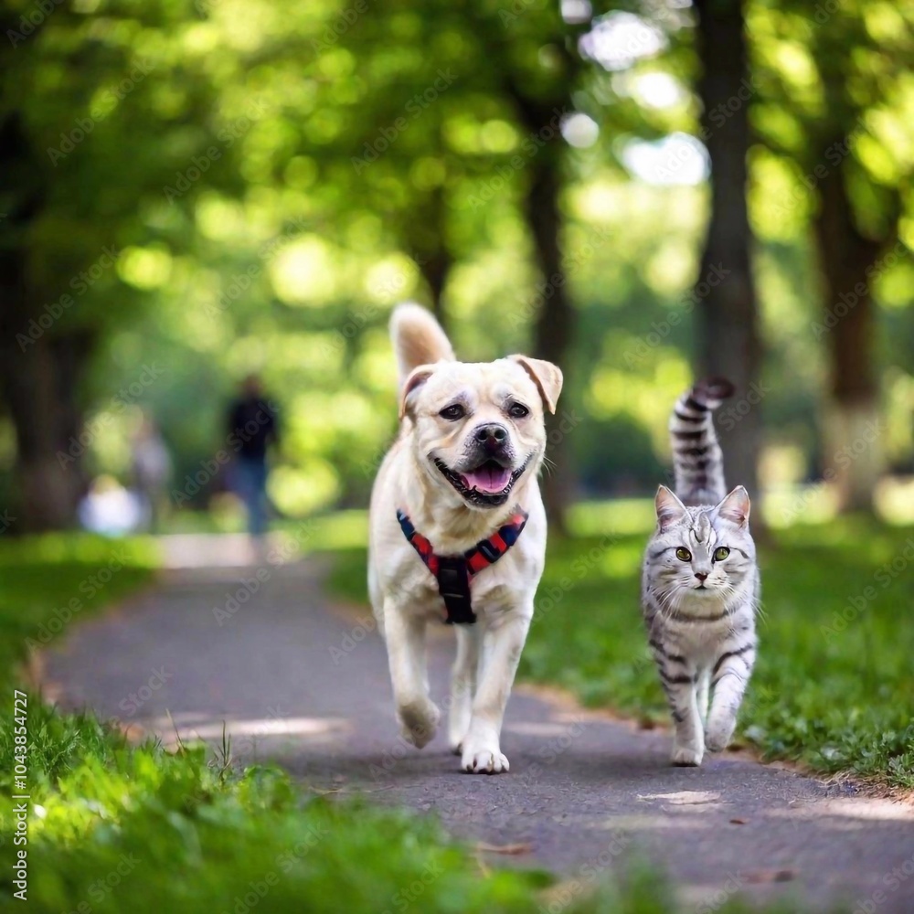 Obraz premium A full shot photo of a dog and cat walking together in a park, shallow focus, low angle shot showcasing their full bodies against the backdrop of greenery, emphasizing their bond