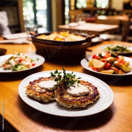 A Ukrainian restaurant with a cozy fireplace, rustic decor, and a table filled with dishes like deruny (potato pancakes) and pickled vegetables photo