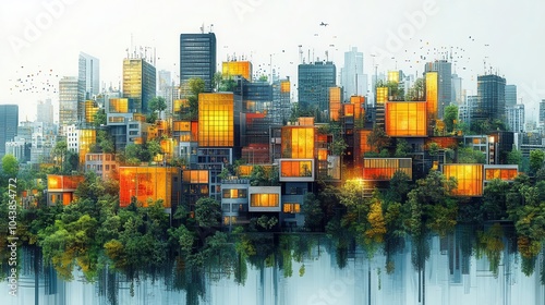 Metropolitan Dreams in Motion: A Vibrant Abstract Interpretation of Urban Life Where Golden Skyscrapers Dance Upon Reflective Waters at Twilight