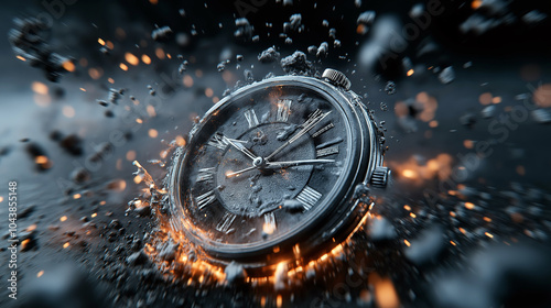 A shattered clock explodes, emphasizing the chaotic nature of time and its fleeting passage. A broken clock shatters dramatically, symbolizing the fragility of time