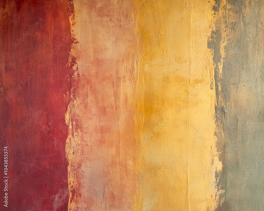 Obraz premium Rustic Textured Wall Painted in Autumnal Palette: Golden Yellow, Deep Red, and Rustic Orange with Color Washed Technique