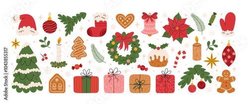 Cute collection of Christmas and New Year elements. Set hand drawn of traditional winter decorations. Christmas tree, gift boxes, wreath, bell, holly, candles, gingerbread. Vector flat illustration.