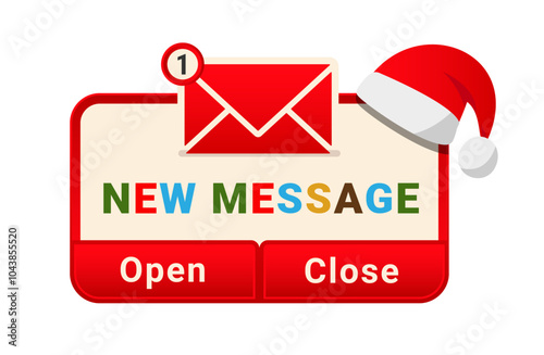Christmas New message notification label. Xmas letter reminder concept. UI with email frame New Year theme. Holiday popup page mail envelope. Vector illustration