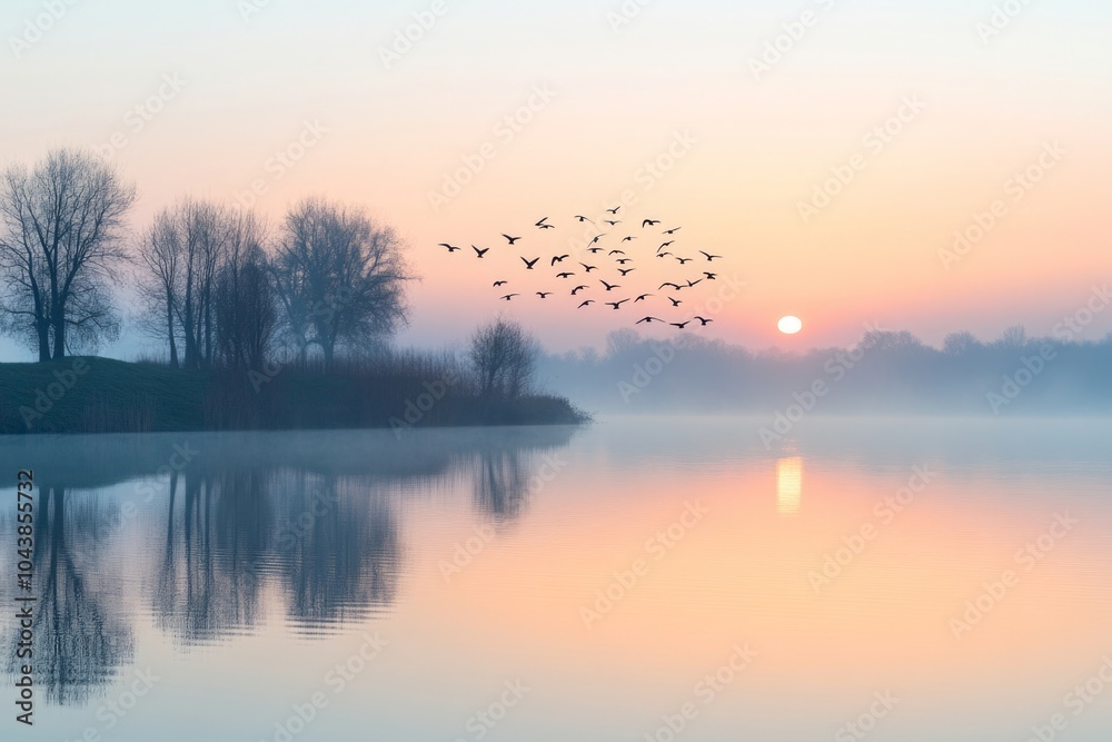 Tranquil sunrise over misty lake with birds in flight Tranquil sunrise over misty lake with birds in flight