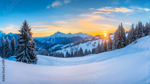 Panorama of the winter sunrise in the mountains