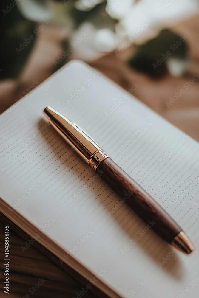 Elegant wooden pen on dotted notebook, soft focus Elegant wooden pen on dotted notebook, soft focus