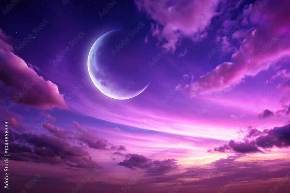Purple sky with crescent moon glowing purple Purple sky with crescent moon glowing purple