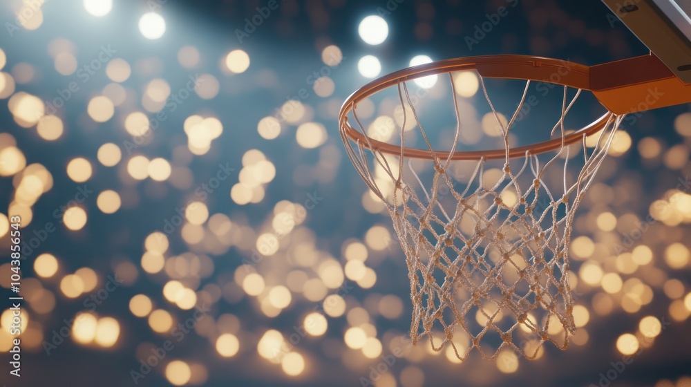 Close-up of a basketball hoop with net under bright arena lights. Indoor sports competition and basketball game concept. Close-up of a basketball hoop with net under bright arena lights. Indoor sports competition and basketball game concept.