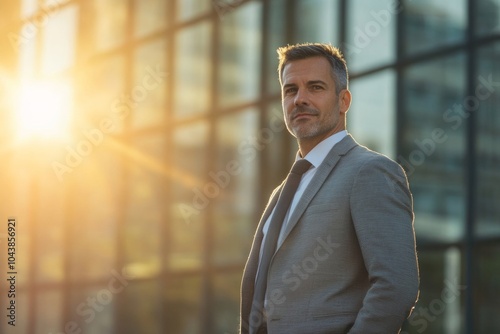 Confident businessman in gray suit standing outdoors at sunset