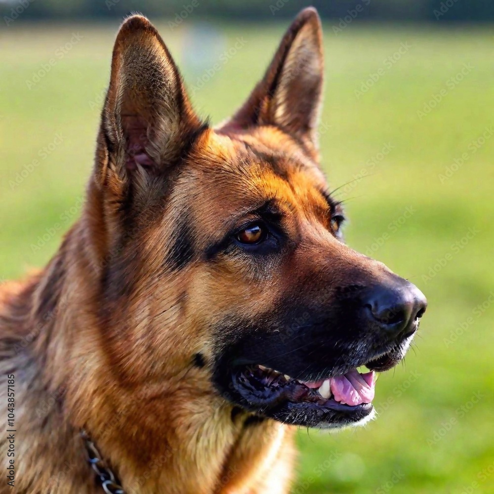 close-up of a German Shepherd noble face, with focus on its strong features and pointed ears, while the training field in the background blurs out close-up of a German Shepherd noble face, with focus on its strong features and pointed ears, while the training field in the background blurs out