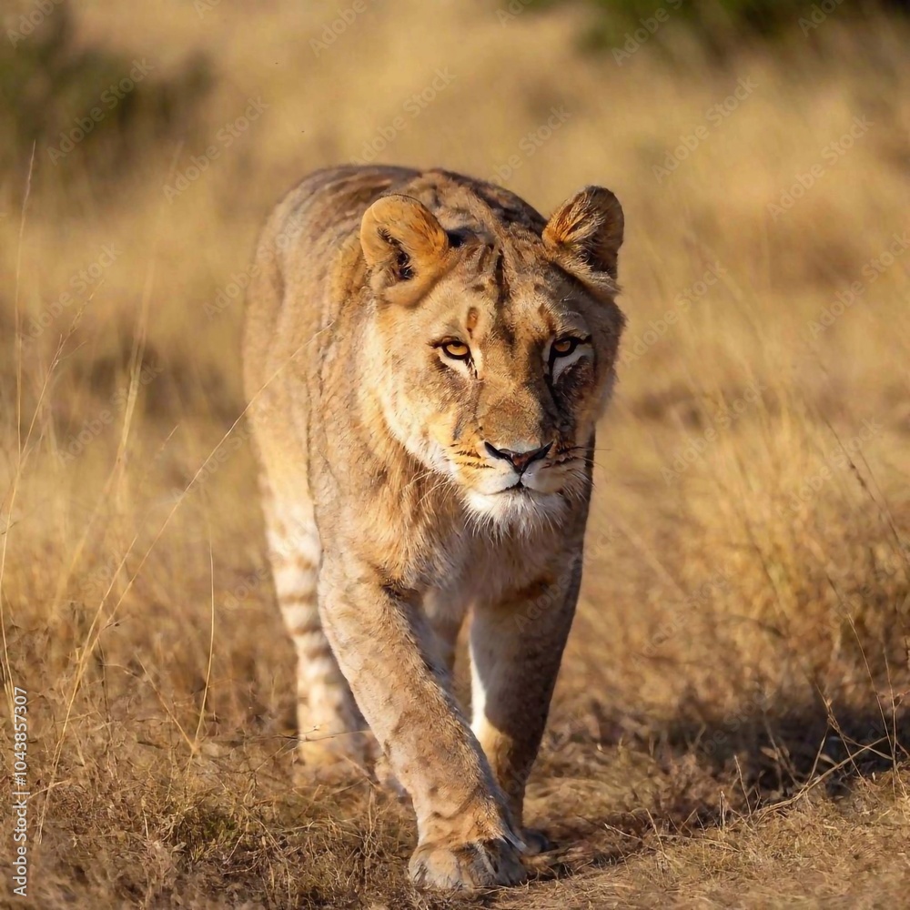 A full shot photo of a lioness walking confidently through tall golden grass, deep focus on the movement of its muscles and fur, low-angle shot that makes the lion appear larger and more imposing A full shot photo of a lioness walking confidently through tall golden grass, deep focus on the movement of its muscles and fur, low-angle shot that makes the lion appear larger and more imposing
