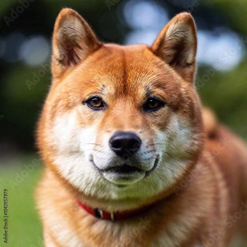 lose-up of a Shiba Inu, focusing on its fluffy fur and pointed ears, while the background of a Japanese garden softly fades into a blur photo