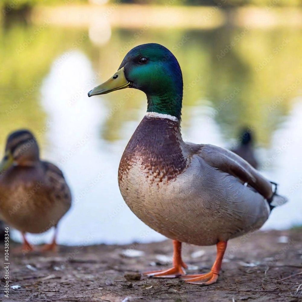 Fototapeta premium A medium shot of a group of ducks near a pond, using rack focus to bring the leading duck into clear view while the other ducks and pond are gradually blurred in the background