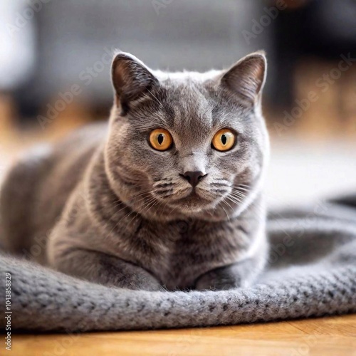 British Shorthair urled up on a blanket, close-up on its relaxed face and fur in sharp focus, with the cozy living room environment fading into a soft blur