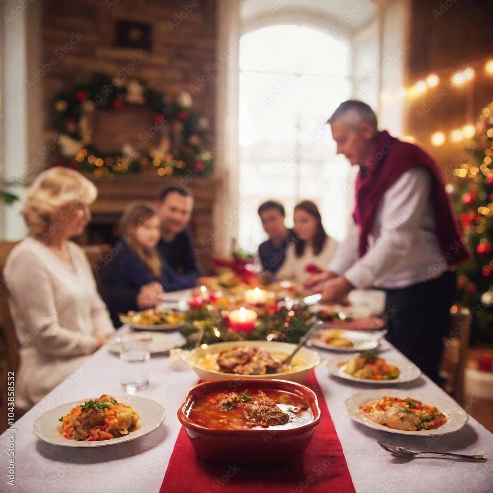 Produce an image of a Polish Christmas Eve family gathering in a full shot from eye level, with deep focus to highlight the traditional beetroot soup and cabbage rolls, decorations, and the Produce an image of a Polish Christmas Eve family gathering in a full shot from eye level, with deep focus to highlight the traditional beetroot soup and cabbage rolls, decorations, and the