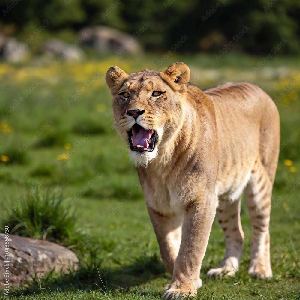 Naklejka premium A full shot photo of a lioness in mid-roar, deep focus on its open mouth and intense facial expression, low-angle shot capturing the full body and the dynamic energy of its powerful stance