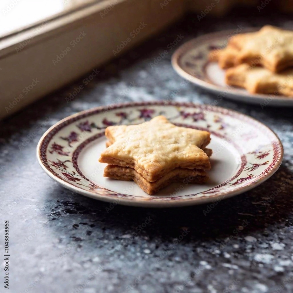 A macro photo of a Christmas cookie on a plate near a decorated window, deep focus showing the cookie details, the plate texture, and the snow outside, eye level shot A macro photo of a Christmas cookie on a plate near a decorated window, deep focus showing the cookie details, the plate texture, and the snow outside, eye level shot