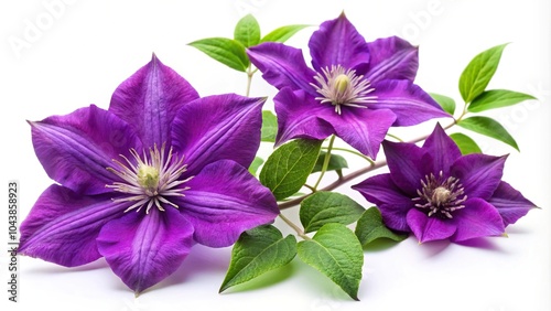 Purple violet clematis flowers and leaves isolated on white climber plant Clematis jackmanii photo