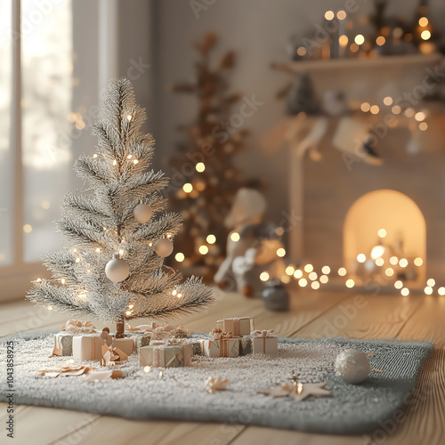 Baby s first Christmas decor with a small tree and holiday lights, 3D illustration photo