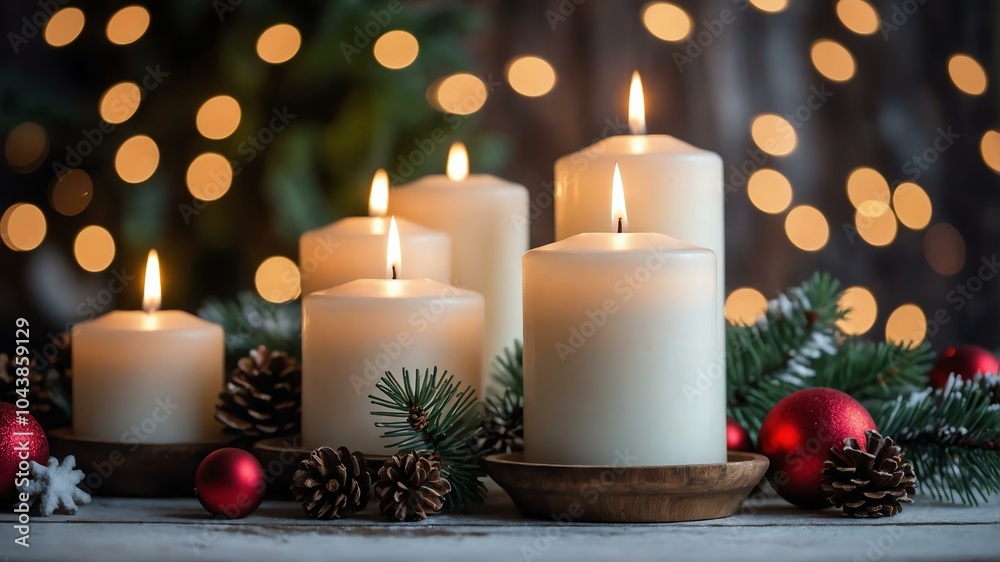 Aesthetic preparation of decorative white candles on a rustic Christmas themed background. bokeh style. Aesthetic preparation of decorative white candles on a rustic Christmas themed background. bokeh style.
