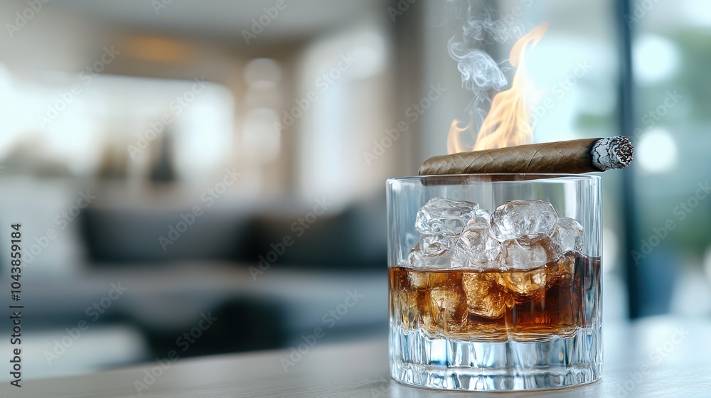 Obraz premium A beautifully composed image featuring a lit cigar resting on whiskey atop ice, emphasizing luxury and sophistication in an elegant setting.