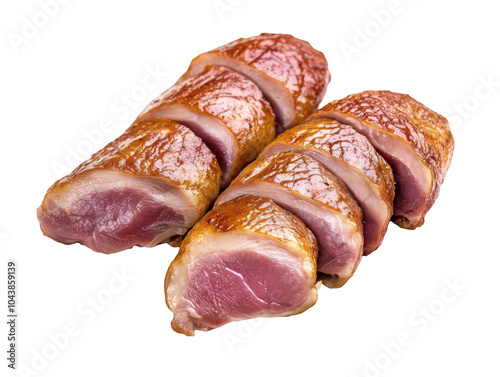 Sliced juicy roast meat with a golden brown crust on white background. photo