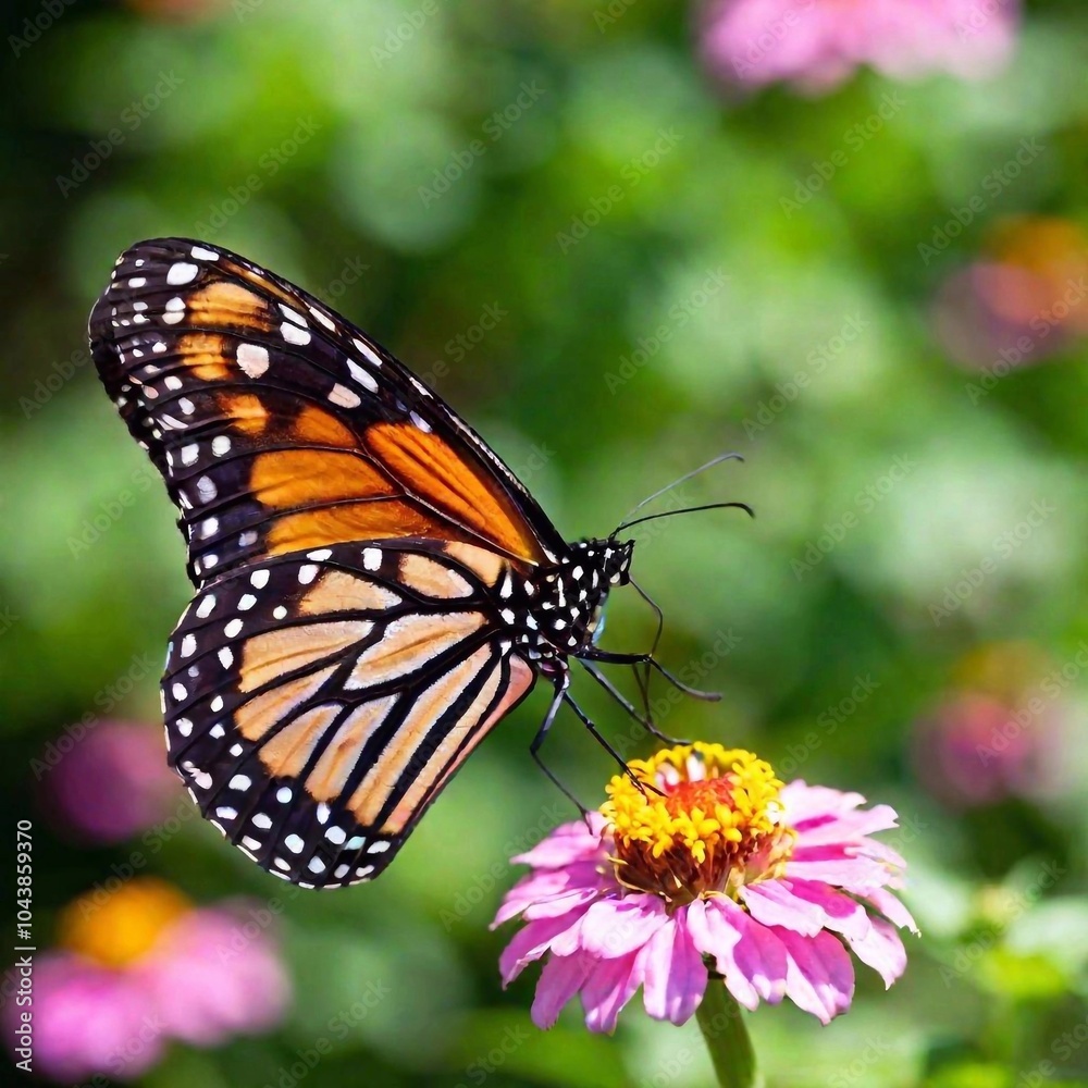Fototapeta premium A close-up photo of a butterfly resting on a vibrant flower, deep focus capturing the intricate patterns and vivid colors of its wings, eye-level shot giving a detailed portrait of the delicate