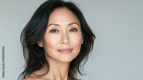 Portrait of a middle-aged Asian woman with a serene look. Cosmetology, beauty, skincare concept