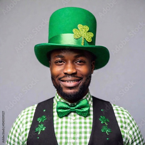 A close-up shot of a person wearing a green St. Patrick Day bow tie, shamrock-patterned suspenders, and a bright green top hat, with vibrant colours and sharp details. photo