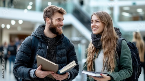 A friendly interaction between two students holding books and smiling on campus, illustrating camaraderie and the joy of academic exploration and learning.