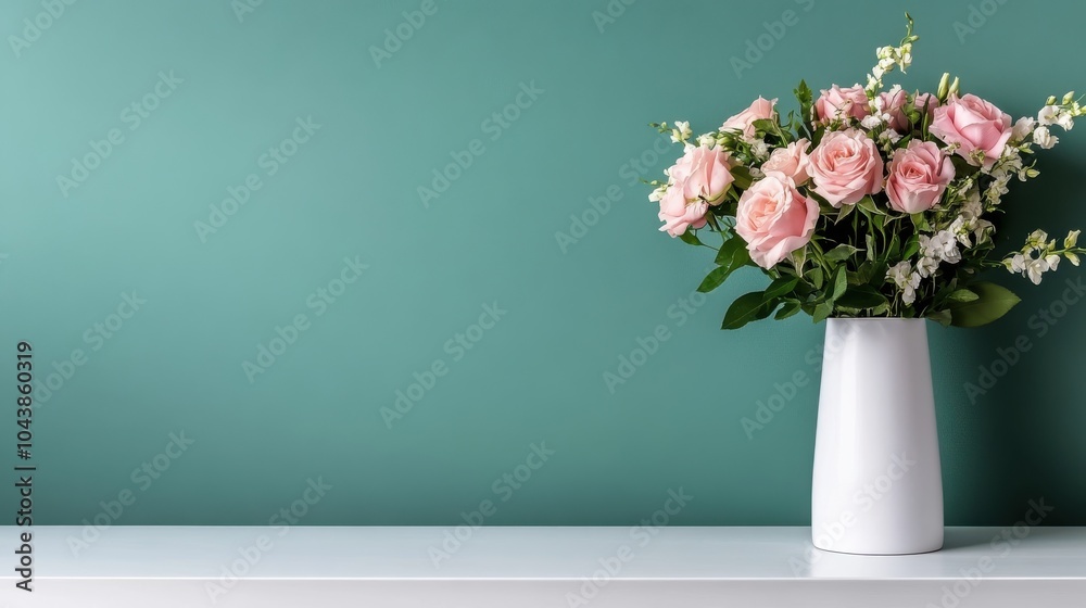 Fototapeta premium A vibrant assembly of bright pink roses in an elegant white vase standing against a serene teal wall, adding a touch of nature and artistry to any interior.