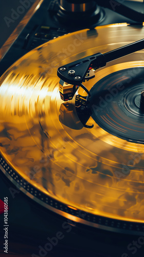 Golden vinyl record spinning. Nostalgic retro music vibe. Music lovers, record collectors, vintage