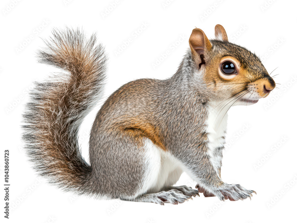 Close-up of a curious squirrel with fluffy tail on a white background. Close-up of a curious squirrel with fluffy tail on a white background.