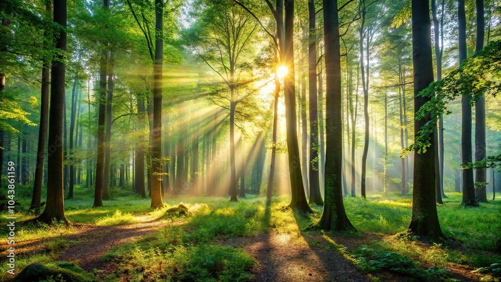 Obraz premium Quiet forest morning with sunlight filtering through the trees reflected