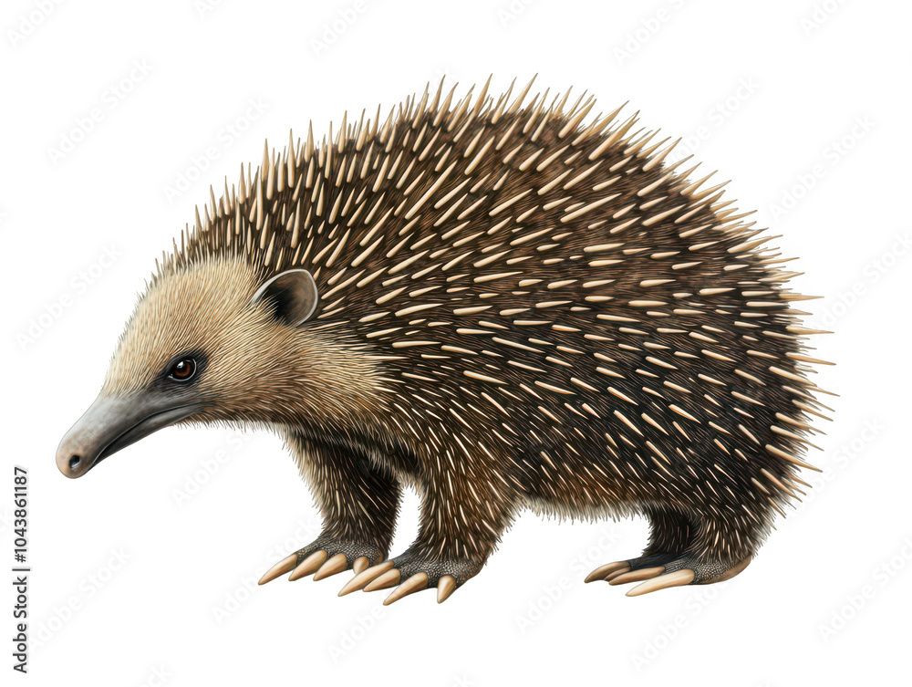Fototapeta premium Close-up of a spiky echidna with a pointed snout and brown fur.