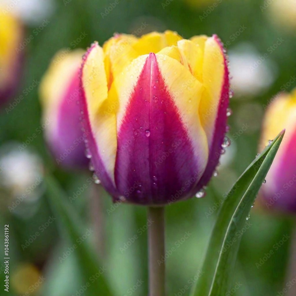 a macro shot of a single vibrant spring flower, such as a tulip or daisy, with dew droplets on its petals. Ensure the fine details of the flower's texture and delicate colors are prominently displayed a macro shot of a single vibrant spring flower, such as a tulip or daisy, with dew droplets on its petals. Ensure the fine details of the flower's texture and delicate colors are prominently displayed