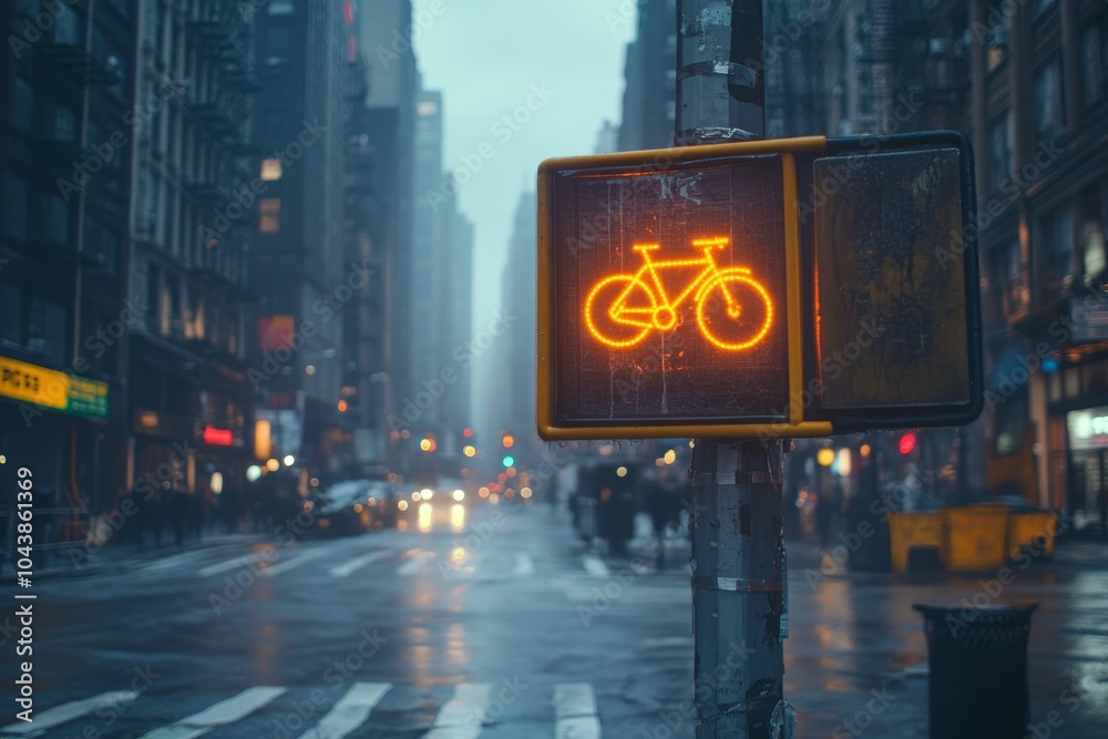 Cityscape with Bike Lane Traffic Light in Rainy Day Cityscape with Bike Lane Traffic Light in Rainy Day