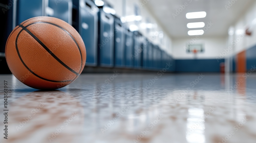 A basketball on a polished wooden floor with a depth of field effect in a sports hall, symbolizing focus, potential energy, and the beginning of a sports action. A basketball on a polished wooden floor with a depth of field effect in a sports hall, symbolizing focus, potential energy, and the beginning of a sports action.