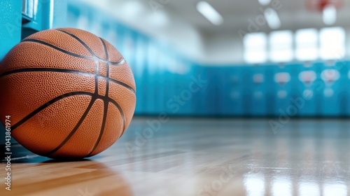 A lone basketball rests against lockers in a brightly lit sports hall, symbolizing readiness, contemplation, and potential energy for future sports action.