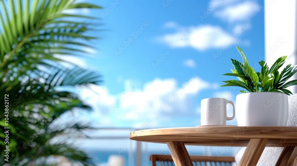 Fototapeta premium A solitary white mug sits next to a vibrant green plant on a wooden table under a blue sky with white clouds, evoking a sense of peace and serenity on a sunny day.