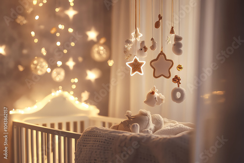 Christmas-themed mobile above a baby s crib, soft and dreamy, 3D illustration photo