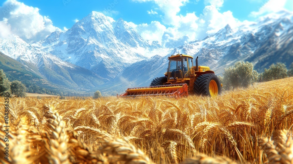Obraz premium Tractor harvesting wheat in a mountainous landscape.