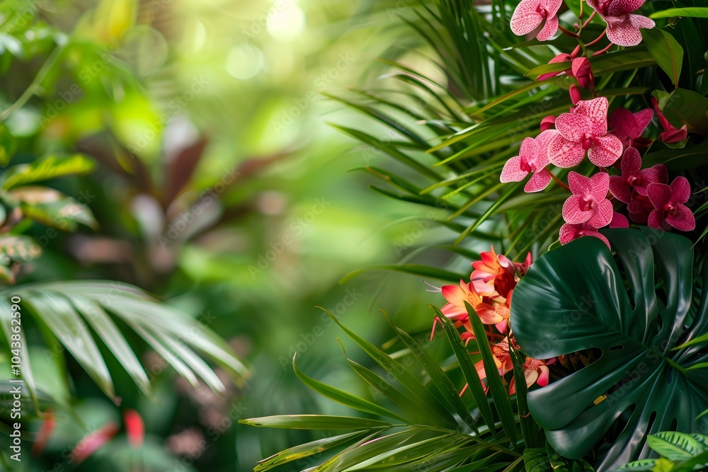 A bunch of pink flowers sitting on top of a lush green forest A bunch of pink flowers sitting on top of a lush green forest