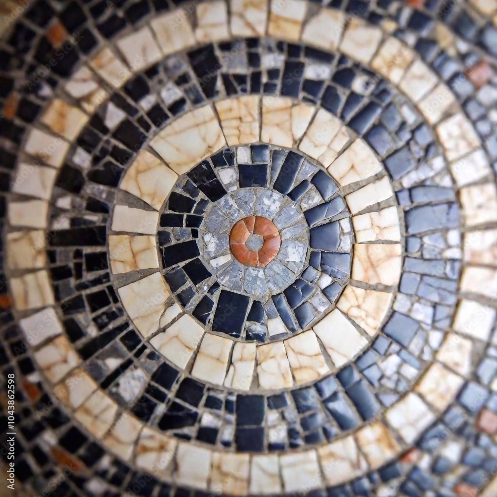 Fototapeta premium Stone Mosaic: A flatlay photo of an artistic stone mosaic, showcasing a variety of stones arranged in a geometric pattern, captured in macro detail with soft focus to emphasize the textures and colors