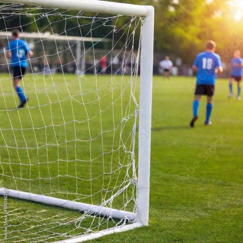 A macro shot of the soccer goal net as the ball hits it, with the focus racking to the blurred background of players reacting. The Dutch angle emphasizes the fast-paced action of the game photo